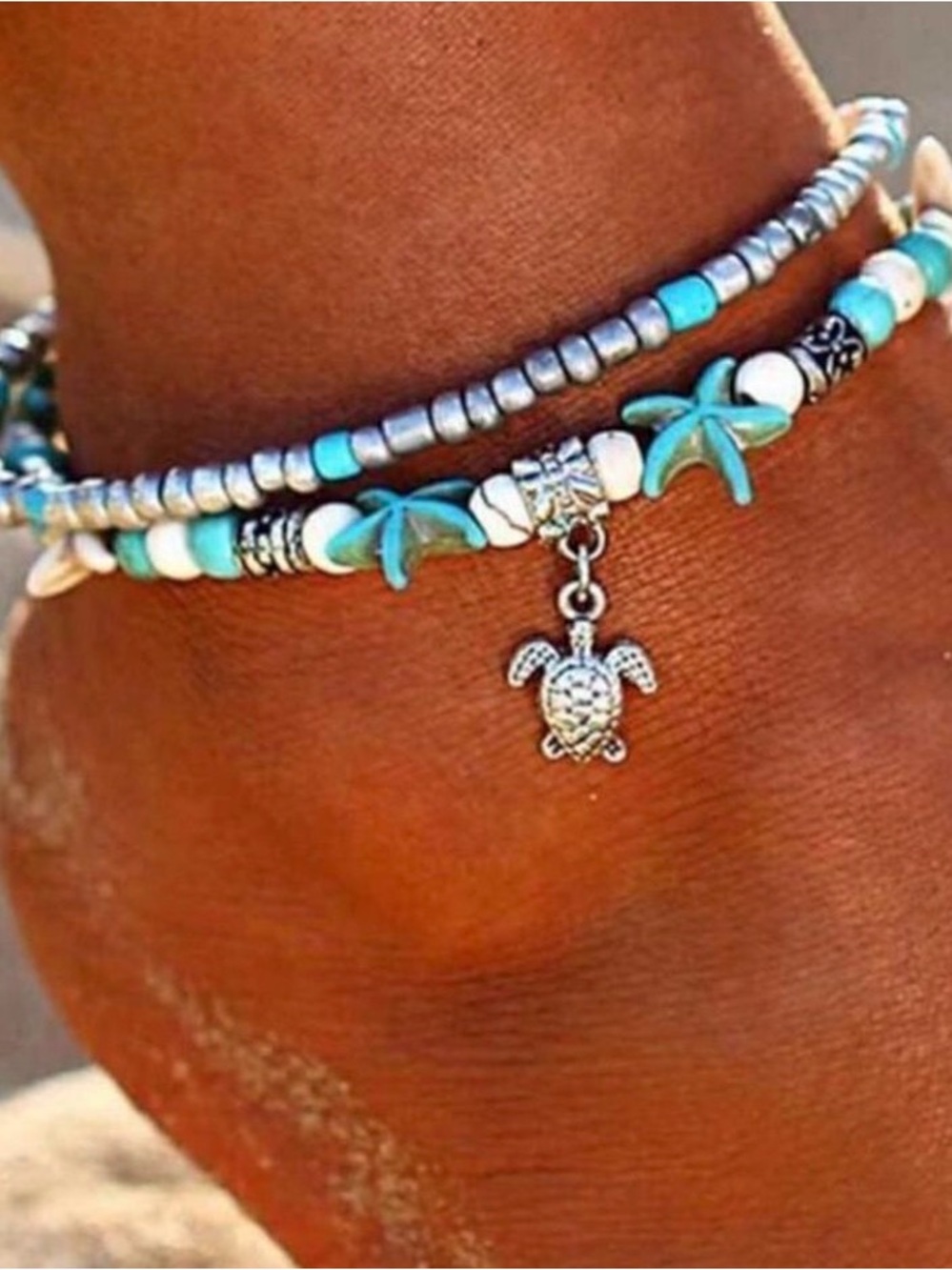 Turquoise & Silver Sea Turtle & Sea Star Beaded Anklet - Women Jewelry - New